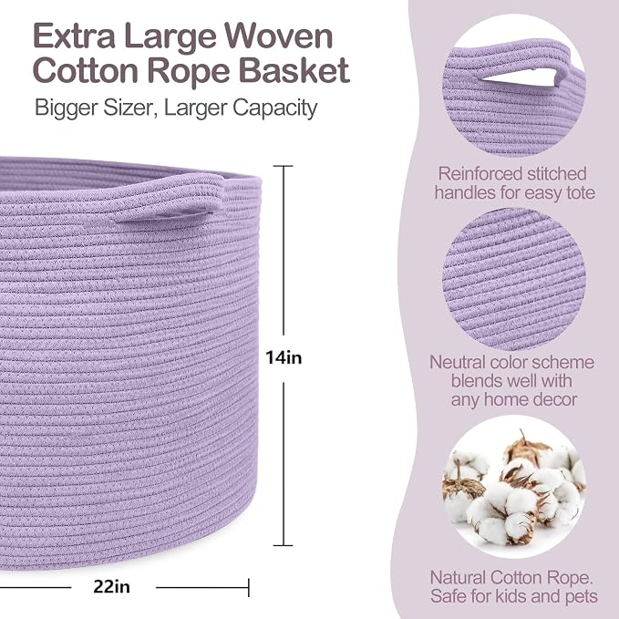 Purple Rope Storage Basket, 22" X 14" Large Woven Baskets, Jumbo Floor Bin for Throw Blankets Pillows, Baby Laundry Basket, Dirty Clothes Organizer, Big Storage Bin for Toys, Towels