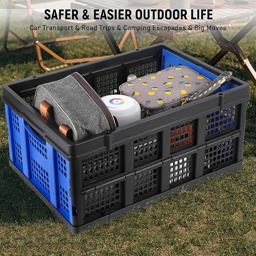 Garvee Collapsible Crate, 55L Foldable Plastic Milk Storage Crate, Blue | Heavy Duty Stackable Plastic Crates Folding Storage Baskets for Groceries, Moving, Camping & Car Storage
