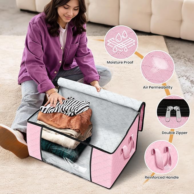 10 Pack Storage Bags for Clothes Blanket Storage Bins with Lids | Foldable Closet Organizers with Zippers,Window and Handles,Fabric Storage Bins for Sweater,Comforter,Bedding,Dorm essentials