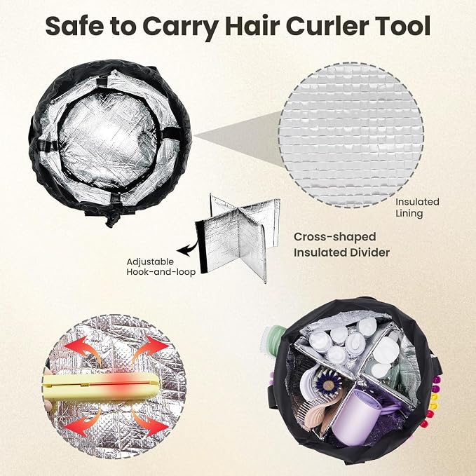 Hairstylist Travel Bag, with Dust Cover, 11L Large Capacity, Heat-Resistant Interior, Clear Pockets, 24 Hook-and-loop Slots, Top Drawstring, Makeup & Pet Grooming Supplies Organizer