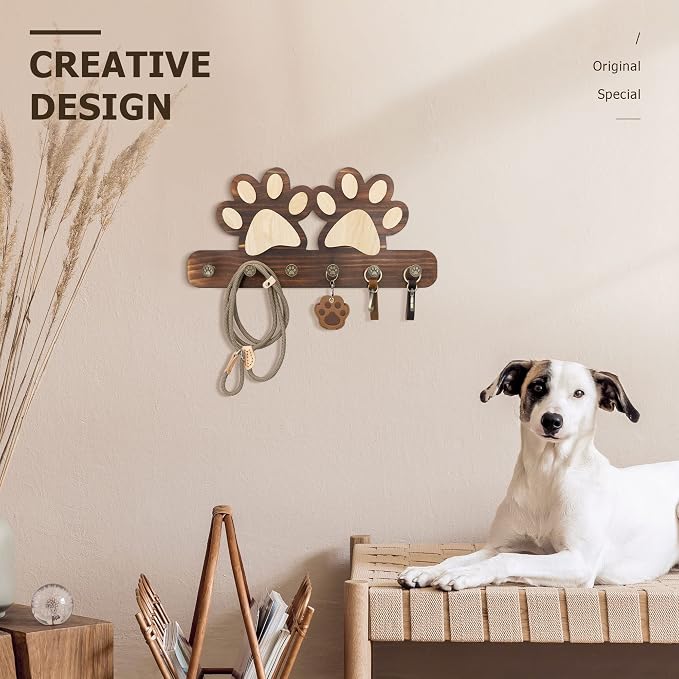 MTERSN Decorative Dog Leash for Wall with 6 Key Hooks for Entryway, Brown | Unique 3D Pet Claw Hooks, Leash Holder for Wall, Coat Rack for Hats & Wallets, Dog Accessories Organizer for Wall Decor