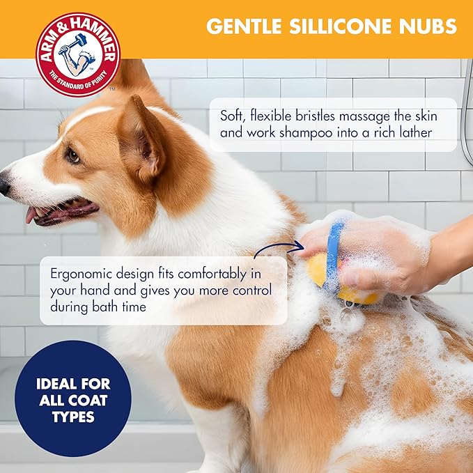 Arm & Hammer Soap Dispensing Dog Bath Brush with Baking Soda, Fill with Any Dog Shampoo, Silicone Scrubbing Nubs for Lathering & Deodorizing, Easy Grip Palm Brush for All Coat Types