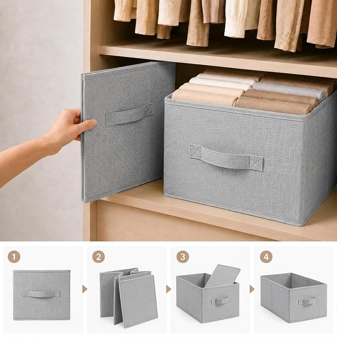 LayerSpace 3 Pack Fabric Storage Bins for Shelves | 11.5x8.75x6.5in Closet Storage Baskets | Collapsible Storage Bins | Fabric Closet Organizers with Handles | Light Gray | Thickened Rigid PP Panels, Cotton-linen Shelf Baskets, Measure 11.5"L x 8.75"W ...
