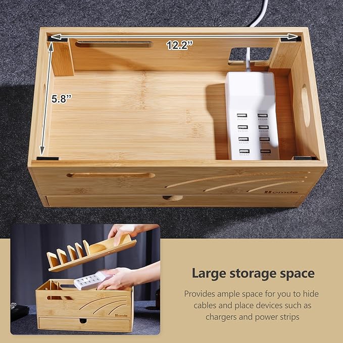Homde Bamboo Charging Station Organizer: Charger Rack for Multiple Devices | Cable Cord Management Box with 6 Compartments and Drawer - Electronic Docking Stand for Chargers Phones Tablets (Natural)