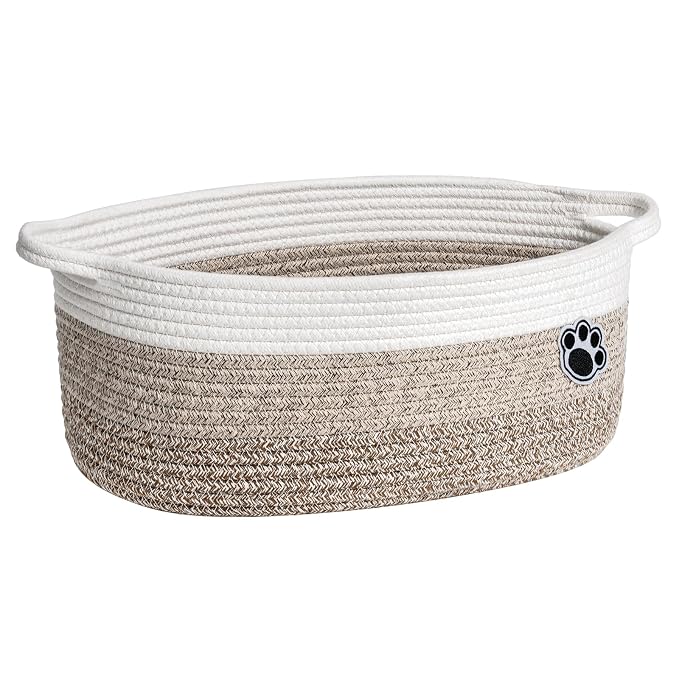 Medium Woven Rope Dog Toy Basket with Paw Print, Mixed Brown | 13.6"x 10" x 6", Cotton Rope Dog Toy Bin & Box, Gift Basket Empty With Handles, Storage Basket for living Room Bedroom