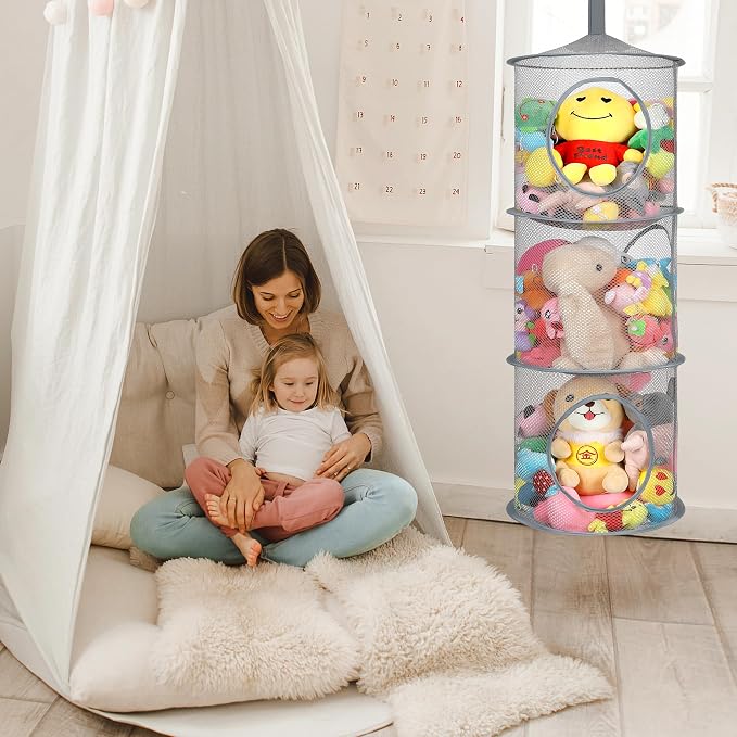 2Pcs Hanging Stuffed Animal Storage Hammock Net 3 Tiers, Grey | Hanging Mesh Storage Organizer for Kids Room, Holds Plushies, Gloves, Hats, Socks, Foldable Space-saving Design