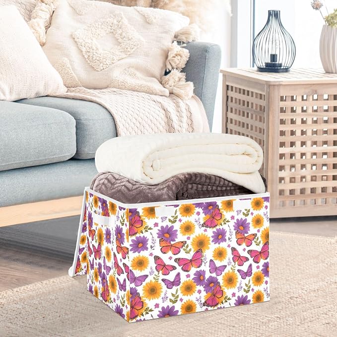 Butterfly Floral Storage Bins with Lids Closet Bedroom 40L Storage Basket | Decorative Storage Boxes, Foldable & Stackable, Dust-Proof Flip Top, Reinforced Handles, For Home & Dorm, Clothes & Toy Box