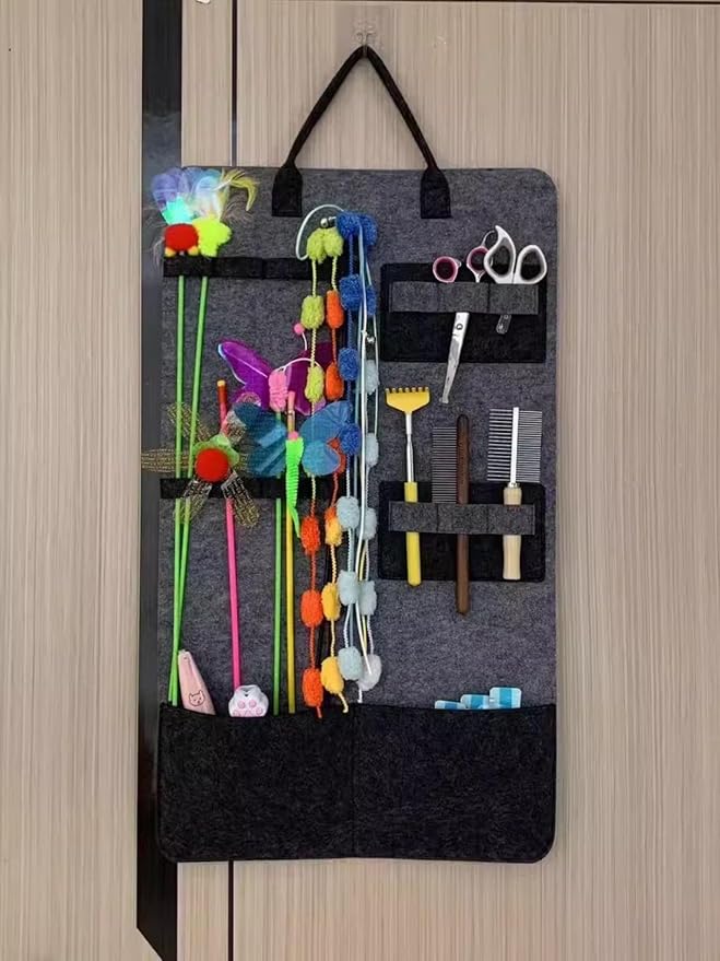 Cat Toy Storage Hanging Bag, Cat Teaser Toy Wand Toy Holder Pet Storage Box Organizer(Grey)