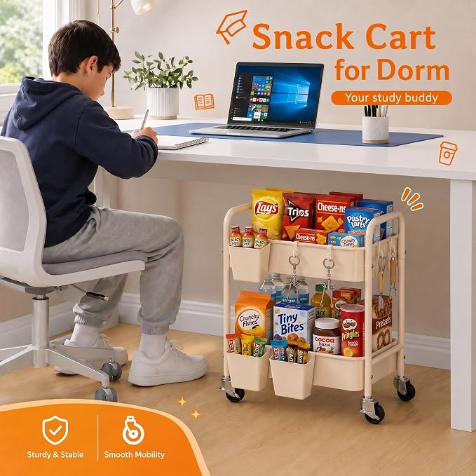 2 Tier Small Rolling Cart Metal with Wheels, Beige Under Desk/Table Storage Carts on Wheels, Short Utility Roller Caddy Organizer for Art, Craft, Pantry, Bathroom, Two Tiered Shelf Trolley, 22In Tall