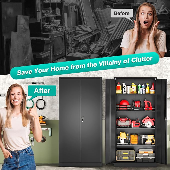 Wide & Deep Metal Storage Cabinet with Lock & 5 Shelves,72" Black Garage Storage Cabinet with Locking Doors,Lockable Cabinets for Home,Office,Garage,Shop,Basement 72x36x18