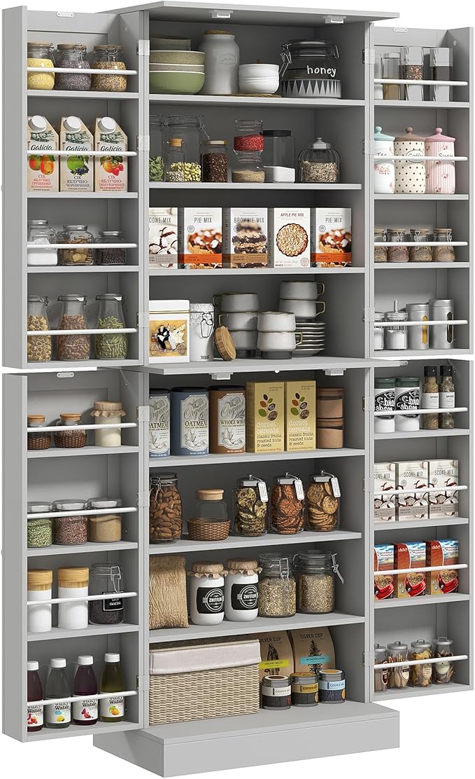 HOMCOM 65" Kitchen Pantry Storage Cabinet 16 Door Shelves Gray | Freestanding Kitchen Cabinet, 4 Doors, 8-Tier Shelving, Adjustable Shelves