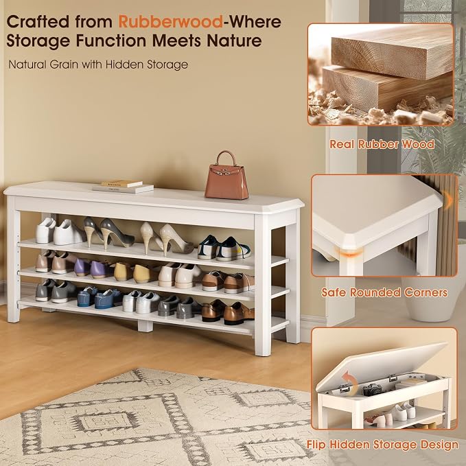 IUNVR Shoe Rack Bench Seat Rubberwood 3-Tier Wooden Storage Bench 550lbs Compact Mid-Century Modern Design for Entryway, Hallway, Closet, Front Door Entrance, Foyer