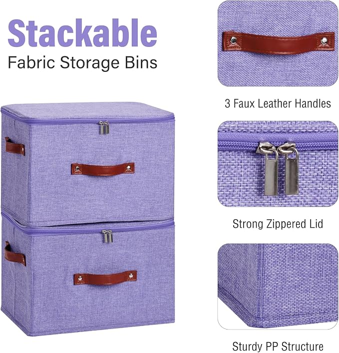 Storage Bin Box with Zippered Lid Decorative Collapsible Basket | Cotton Linen Fabric, Washable Foldable Stackable Cloth Container, Closet Shelf Organizer w/ PU Leather Handles, Purple-Large