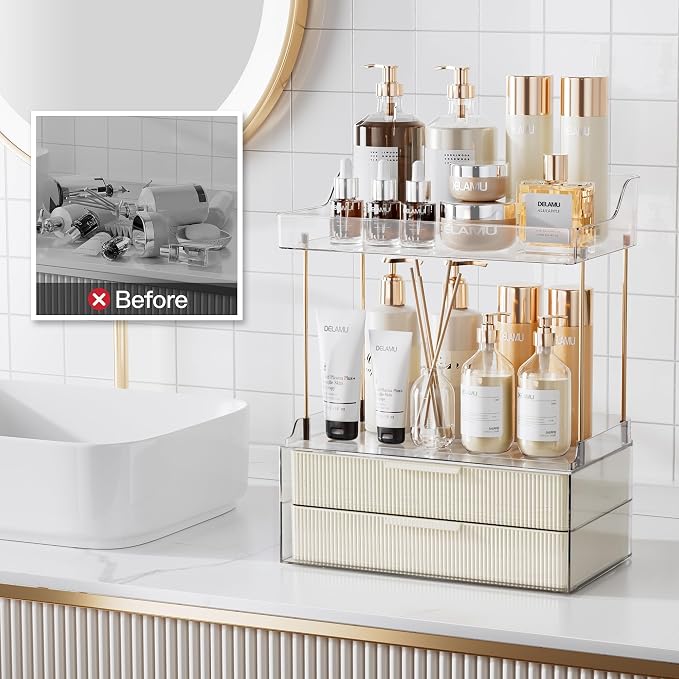Delamu 4-Tier Makeup Organizer, Bathroom Counter, 2 Drawers,Cream White | Elegant Vanity Organizer Gift for Women, Holds Perfume, Skincare, Nail Polish & Hair Accessories for Bathroom Countertop