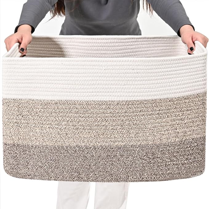 ICERZCZ Large Rectangle Blanket Basket, Large Storage Basket for Organizing, Cotton Rope Woven Basket for Storage with Handles, Baby Nursery Living Room Bedroom, 22”x17”x12”, 75L