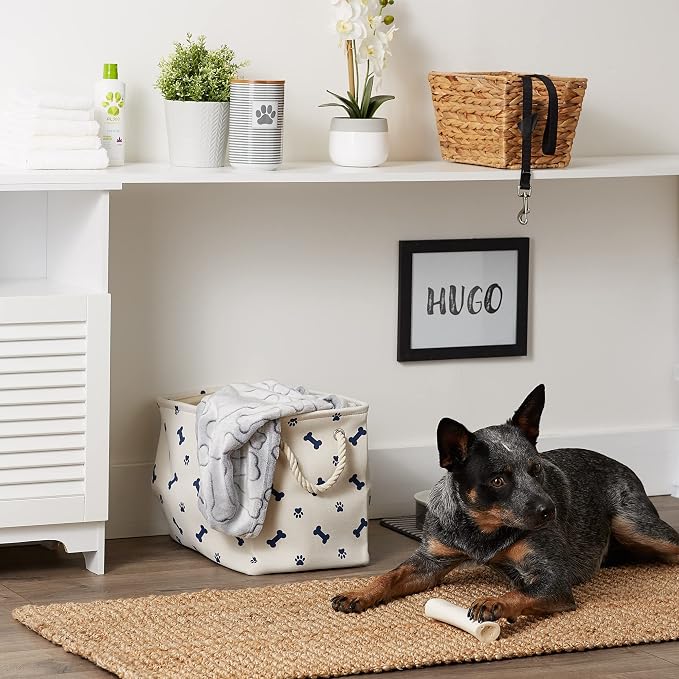 Bone Dry Pet Storage Collection Paw and Bone Print, Small Rectangle, 14x8x9", Nautical Blue