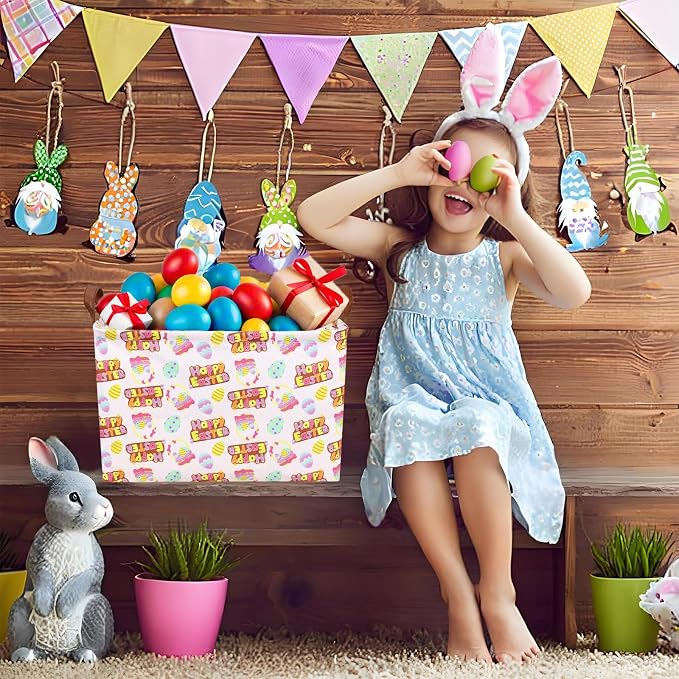Large Empty Easter Basket for Kid Baby Rectangular Cute Easter Gift Bunny Eggs Décor Storage Basket (Pink Happy Egg)