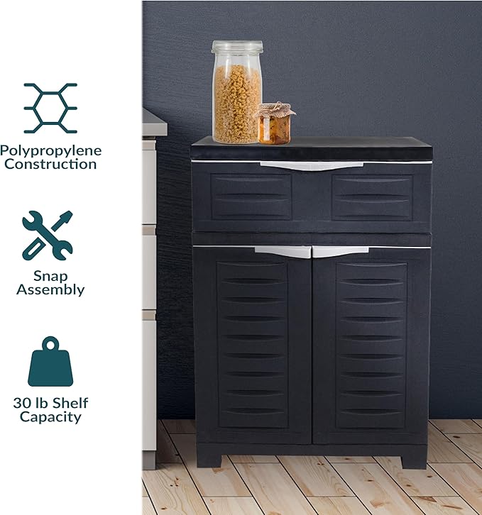 Sunnydaze 34.5" Garage Storage Cabinet with Adjustable Shelf, Charcoal | Heavy Duty Resin Storage Cabinet Resists Rust & Peeling, Utility Cabinet with Drawer & Anti-Tip Kit for Laundry, Office