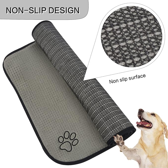 SINLAND Microfiber Extra-Large Pet Food Mat Dish Drying Mat Dog Feeding Mats Pet Bowl Mat with Anti-Skid Backing 21Inch x 32Inch Grey