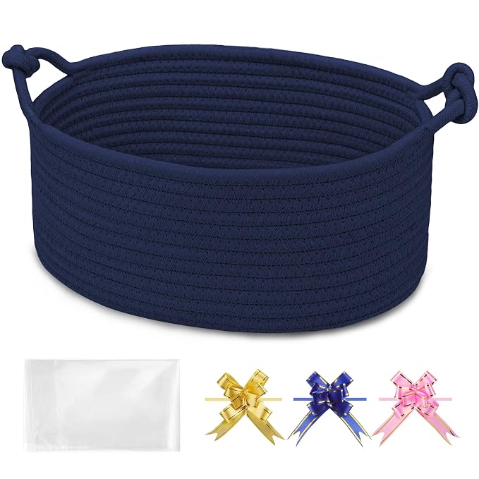 Small Empty Gift Basket with Bag & Ribbons, Navy Blue | 12“x8”x5”, Cotton Rope Woven Basket for Birthdays, Baby Showers, Mother's Day, Christmas; Stores Small Items, Kids & Pet Toys