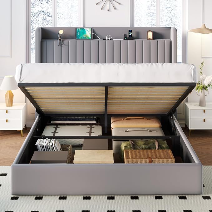 SHA CERLIN Full Size Lift Up Storage Bed Frame, Charging Station, Grey | Storage Headboard with Charging Station, USB, Type-C Port Velvet Hydraulic Storage Bed No Box Spring Needed Noise Free