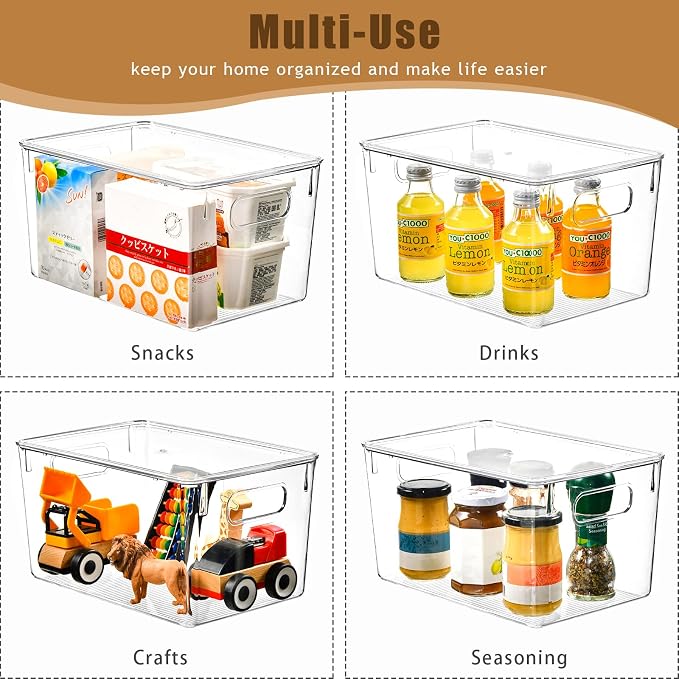 Freebat 12 Pack Clear Storage Bins with Lids, 7 Quart Pantry Organizer Bins | Large, Stackable Plastic Storage Containers, Pantry Organization for Office, Bedroom, Cabinet, Fridge,Kitchen Organization