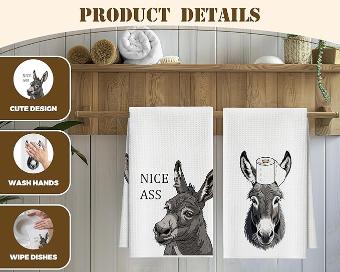 Bath Towels Set of 2, Cute Funny Donkey Dish Towel for Bathroom Spa Kitchen, Nice Ass Decorative Hand Towels, Fast Drying Tea Towel, Farmhouse Housewarming Xmas Gifts for Women Mom -B25