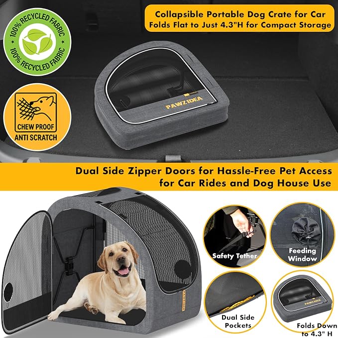 PAWZIDEA Portable Dog Crate for Car Travel, Medium & Large Dogs Up to 80lbs | Soft-Sided Dog Car Kennel for Backseat, Secures Seatbelt & Headrest Strap, Collapsible Enclosed Car Seat Carrier, Chew-Proof