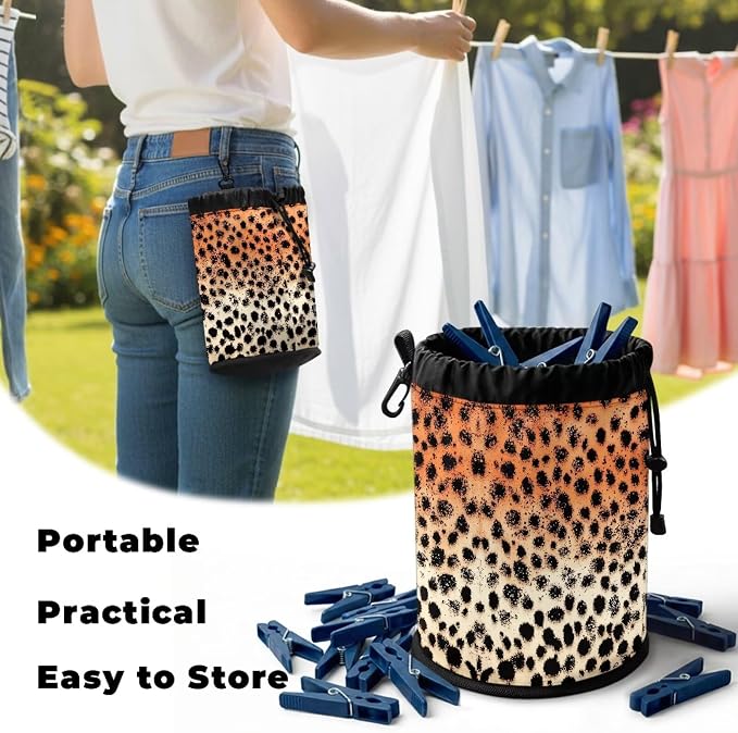 Leopard Print Clothespin Holder Bag Drawstring, Portable Laundry Peg Organizer Pouch, Storage for Clips with Hanging Feature, Ideal for Drying Rack, Camping, RV
