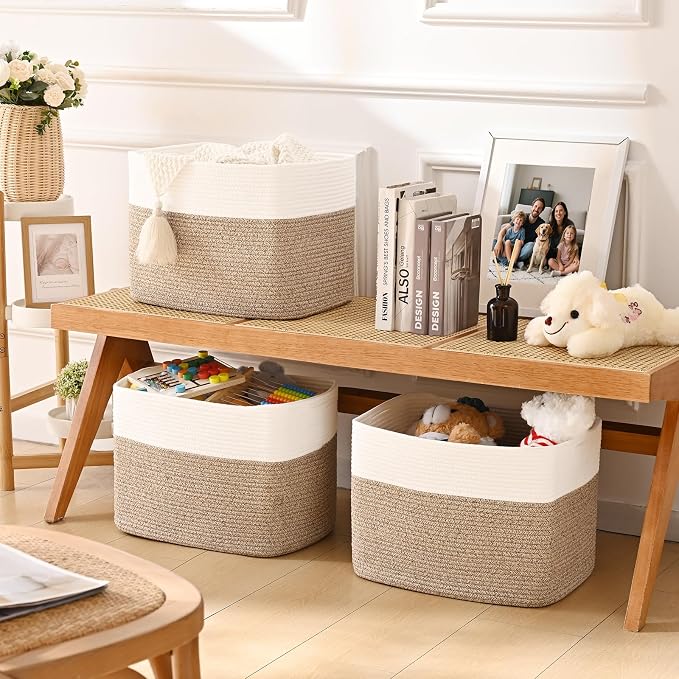 3 Pack Cube Storage Bin, 17”x12”x12” Cotton Rope Woven Baskets for Organizing Toys Clothes Towels, Square Gift Storage Baskets for Shelves, Nursery, Closet, Bathroom, Pantry (White & Jute)