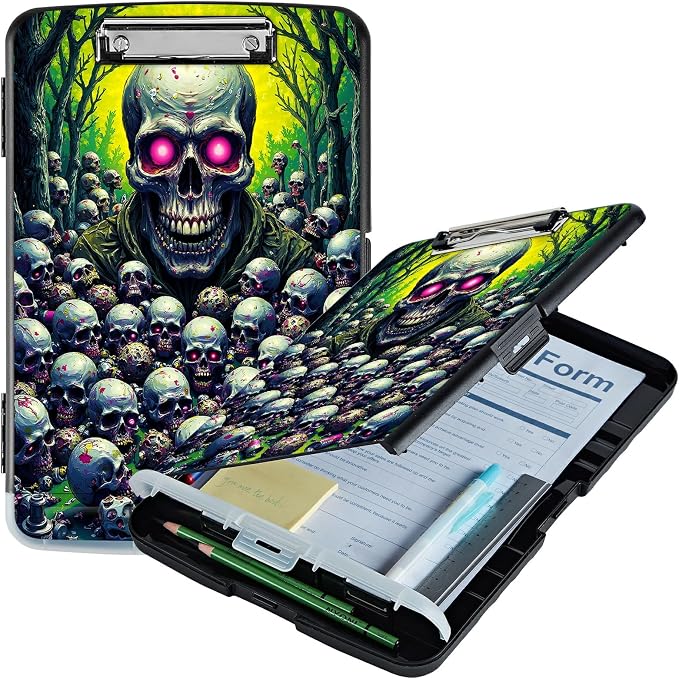 A4 Clipboard with Storage Pen Holder, Clipboards Organizer Nursing Clipboard Foldable File Folder Plastic Clipboard Folio Clip Board for Office Work Classroom Doctor, Forest Skull
