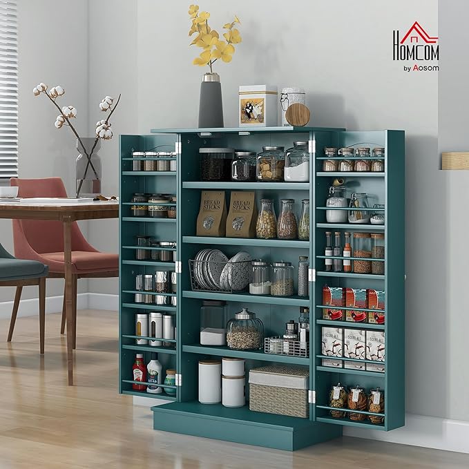 HOMCOM 41" Kitchen Pantry Storage Cabinet 12 Door Shelves Double Doors Blue | Freestanding Kitchen Cabinet, 2 Doors, 5-Tier Shelving, Adjustable Shelves