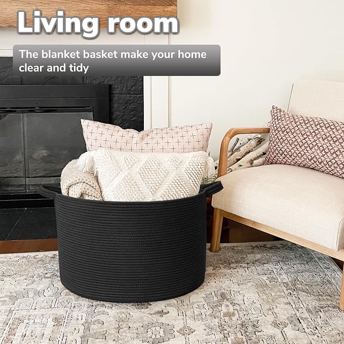 Goodpick Large Woven Dirty Clothes Basket for Nursery & Living Room, 85L | 21.7 x 21.7 x 13.8 In Storage Basket for Nursery, Blanket Basket for Towels Clothes, Black