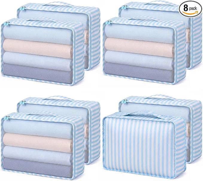 Silkfly 8 Pcs XL Packing Cube for Travel Luggage,Stripe,Blue, White | 17.7 x 13 x 4.7, Same Size, Blue White Stripe Suitcase Storage Organizer Set, Reusable Mesh Clothes Cube for Camp Family