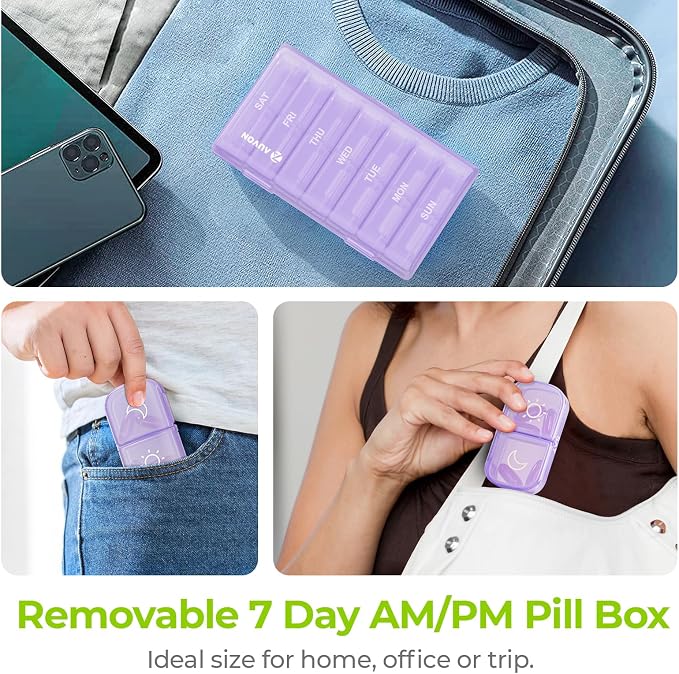 AUVON Weekly Pill Organizer 2 Times a Day, One-Sided Opening, Easy to Use | AM PM Pill Case, XL Pill Box 7 Day, Travel Medication Organizer for Medication, Vitamins, Fish Oils, Supplements, Pale Purple
