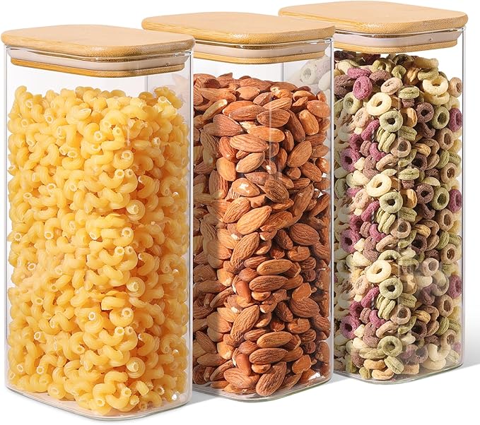 ComSaf Glass Storage Containers with Lids 1.8 Qt, 3 Pack Pantry Organizers | Glass Jars with Bamboo Lids, Rectangle Pantry Jar, Kitchen Canisters, Dry Food Storage Cereal, Flour, Sugar, coffee, BPA Free