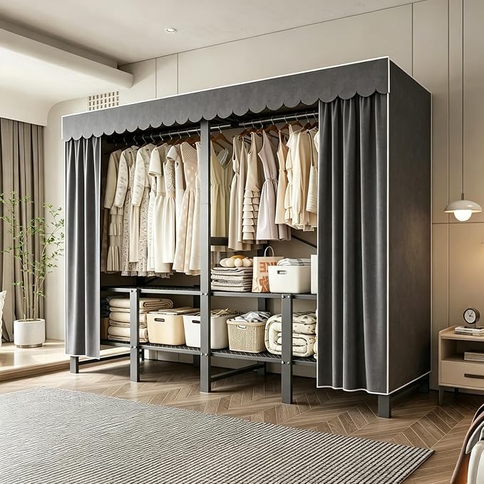 59in Heavy Duty Portable Closet with Dark Gray Cover | Foldable Covered Clothes Rack for Hanging Armoire Wardrobe Closet System Freestanding Coat Storage Garment Racks