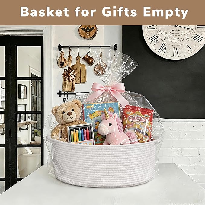 Goodpick Medium Woven Rope Gift Basket Empty, 13.6"x 10"x 6", White | Storage Basket with Handles for Baby Shower & Toys, Fits Living Room Bathroom Organizer, Versatile Dog Toy Storage Bin