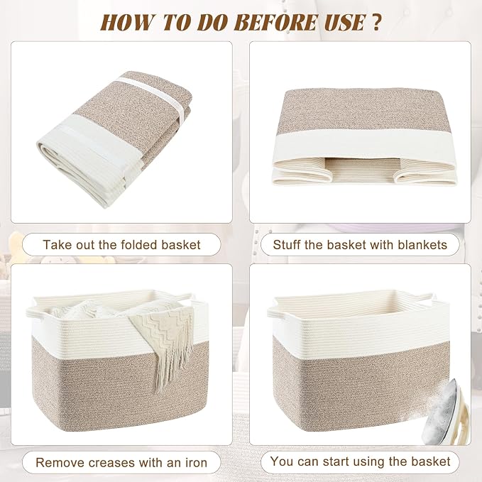 Large Blanket Basket, 100L Storage Baskets for Organizing, Woven Laundry Basket for Blankets, Cotton rope Blanket Storage for Living Room, Nursery Room, 24.8" L x 15.74" W x 15.74" H, Brown