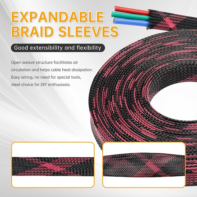 Braided Cable Sleeve, 33ft Expandable Wire Loom for Automotive Wiring Harness & PC Case, Pet-Proof Chew Resistant Cord Protector, Flexible Cable Management (Black-Pink, 8mm (5/16"))