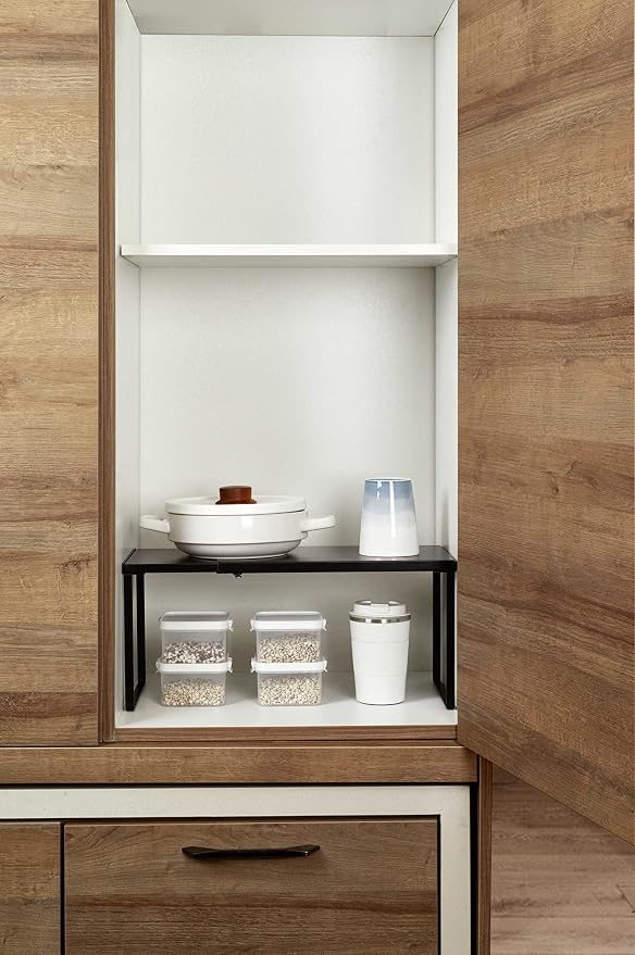 Nxconsu Expandable Cabinet Shelf, Shelf Riser for Cabinets, 8.26" Black | Edgeless Metal Cabinet Riser Holds 50 lb and Expands 14.6 to 24.6 in for Under Sink Kitchen Pantry Cupboard Shelf