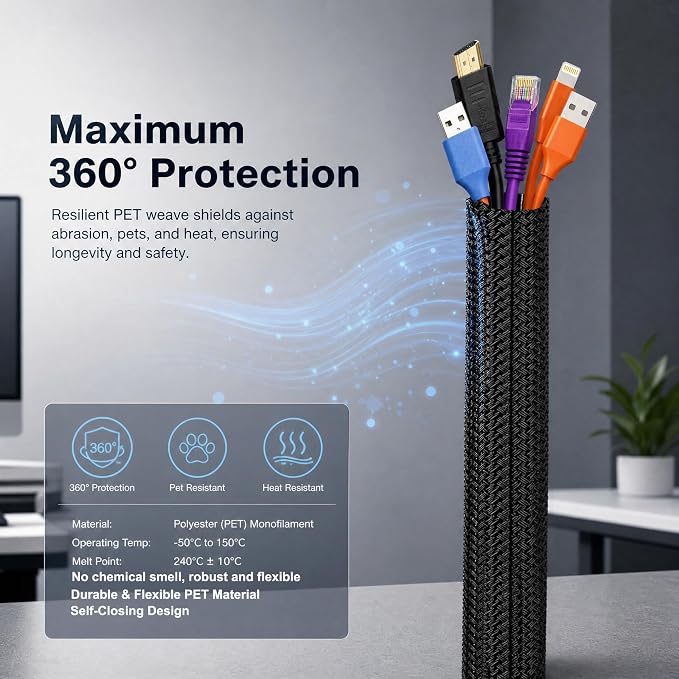 1/2" Split Cable Sleeves, Heavy Duty Wire Cover Cable Sheath to Hide Cords | Black 10ft Reusable Wire Organizer Flexible Abrasion Resistance Wire Loom Wrap for Car Desk Computer Pet Chew Protection