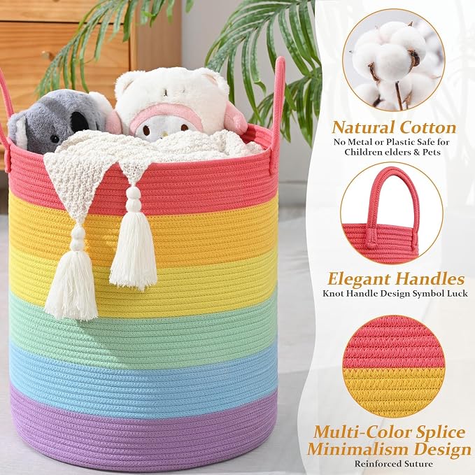 Laundry Hamper for Organizing, 52L Large Laundry Baskets, Cotton Rope Woven Blanket Basket, Collapsible Laundry Hamper for Living Room, Nursery, 15"×18", Rainbow