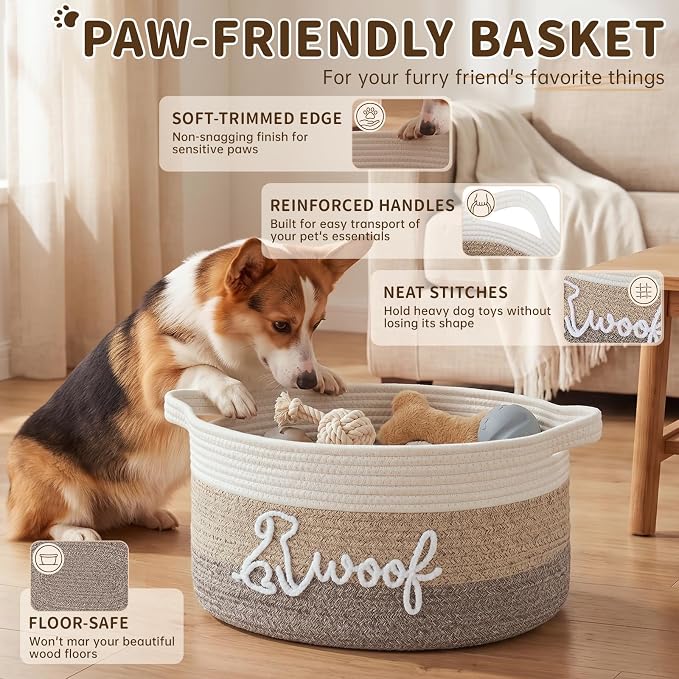 OIAHOMY 22L Large Dog Toy Basket, 16.5"x11.4"x9" Cotton Rope Basket with Cute Woof Embroidery, Soft Woven Pet Toy Box with Handles for Blankets, Leashes & Puppy Accessories, Decorative Organizer Brown