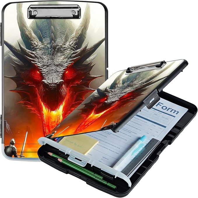 A4 Clipboard with Storage Pen Holder, Clipboards Organizer Nursing Clipboard Foldable File Folder Plastic Clipboard Folio Clip Board for Office Work Classroom Doctor, Grey Flame Dragon
