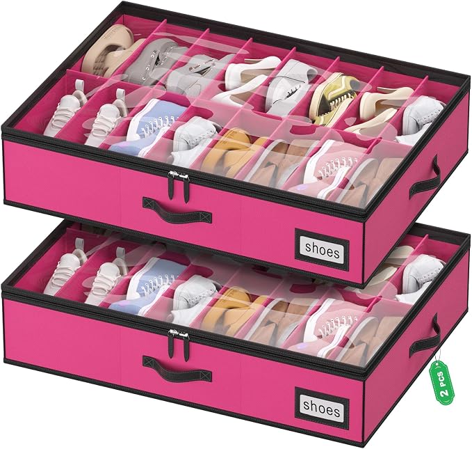 Shoe Organizer Under Bed, Fits 32 Pairs, Under bed Shoe Storage Boxes with Study Handles and Clear Cover, zapateras organizer for shoes, set of 2