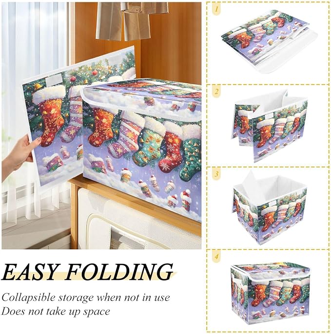 senya Christmas Baskets Collapsible Storage Bins with Lids, Christmas Stocking Storage Boxes Clothes Baskets for Organizing