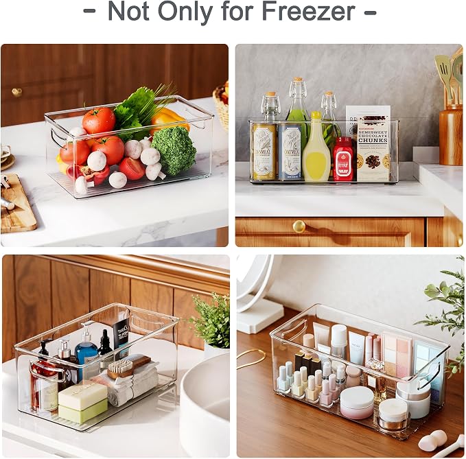 Heyuzb 16 PACK Freezer Organizer Bins Fridge Organizers and Storage Stackable Refrigerator Organizers Bins with Side Handles Clear Storage Bins for Pantry, Under Sink, Kitchen Cabinet