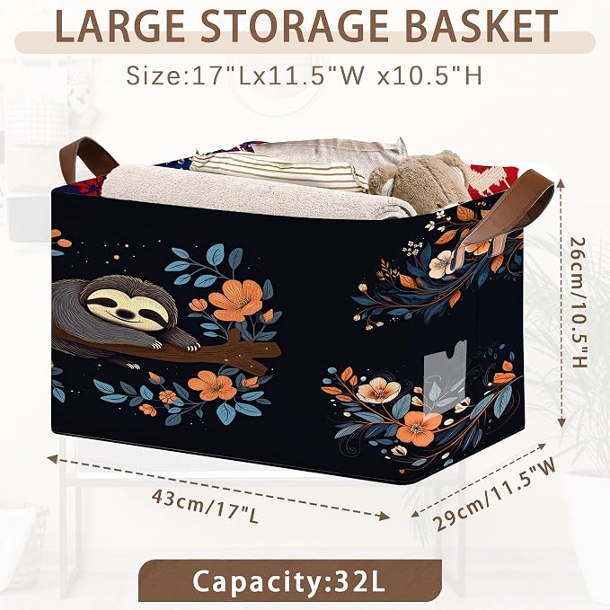 Sloth Flower Pattern Collapsible Box - 17x11.5x10.5 Inch Foldable Storage for Home Decor, Kids Room,Nursery, Closet - Space-Saving Single Pack