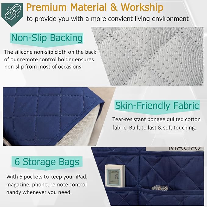 Sofa Armrest Organizer with 6 Pockets, Non-Slip Couch Recliner Armchair Caddy, Washable Remote Controls Holder, Storage for Magazine, Tablet (Navy)